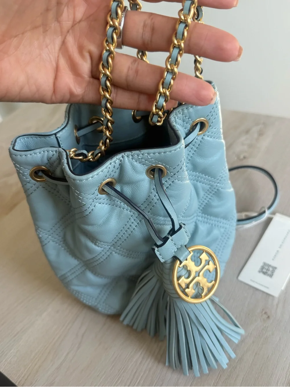 NWT Tory Burch Fleming Soft Mini Bucket Bag – Blue Leather